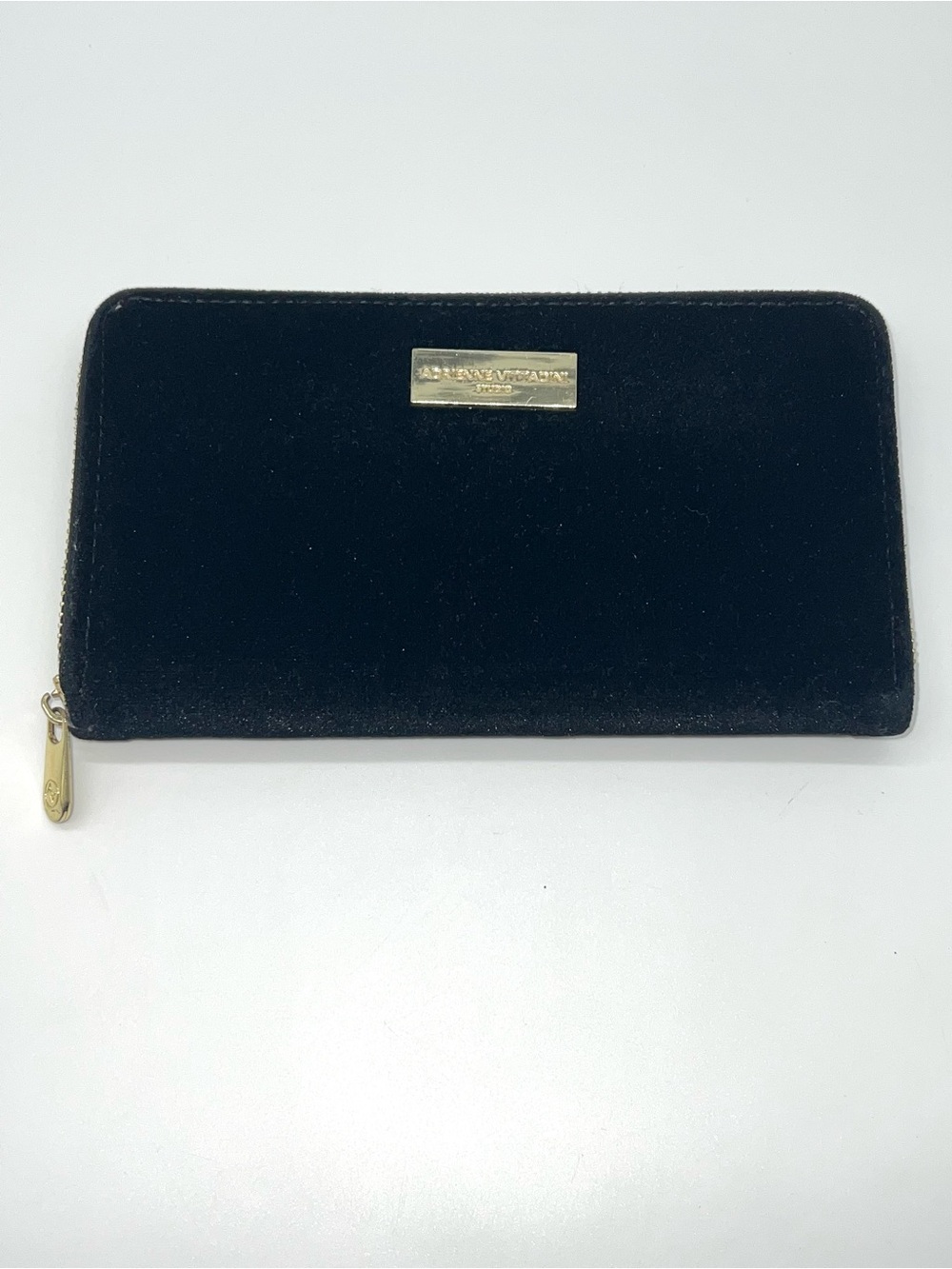 Adrienne Vittadini Black Velvet Zip Wallet w/Gold Metal Logo Plaque and Zipper